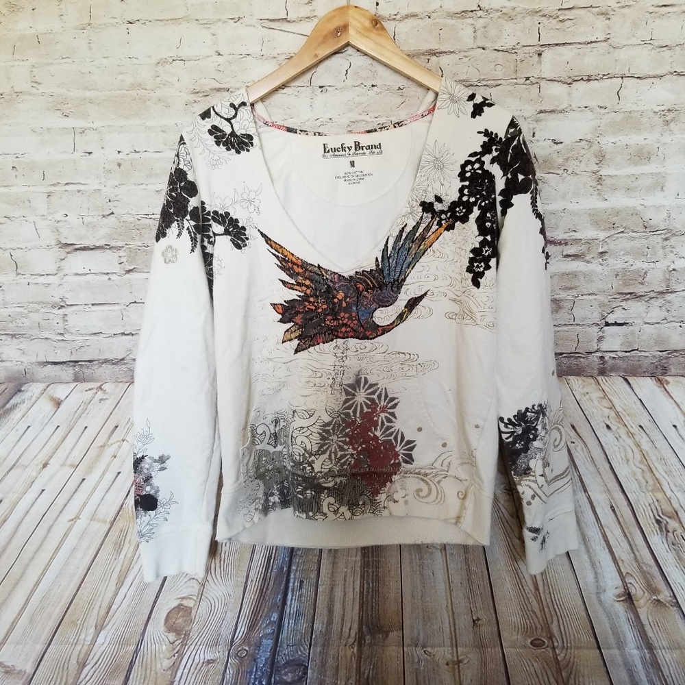 Lucky Brand Embroidered Peacock Pullover Hoodie M